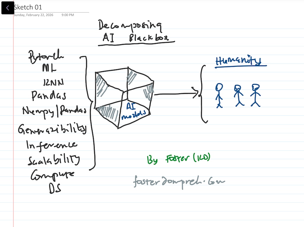 Sketch showing the AI black box connecting machine learning tools to humanity